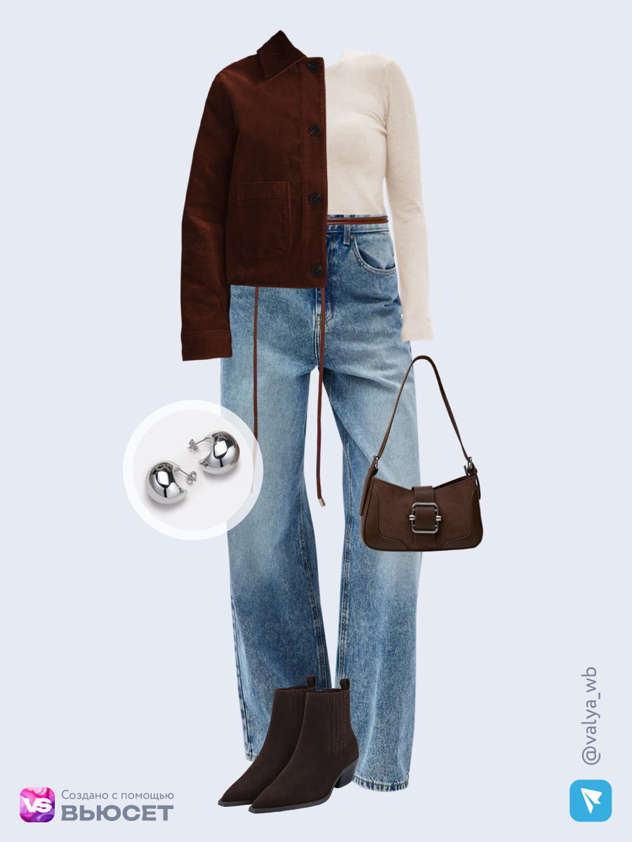Образ с Вайлдберриз с артикулами (жакет, джемпер, джинсы, сумка, ботильоны, пояс, серьги)