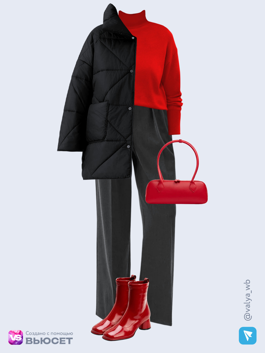 Образ с Вайлдберриз с артикулами (куртка, джемпер, брюки, сумка, ботильоны)