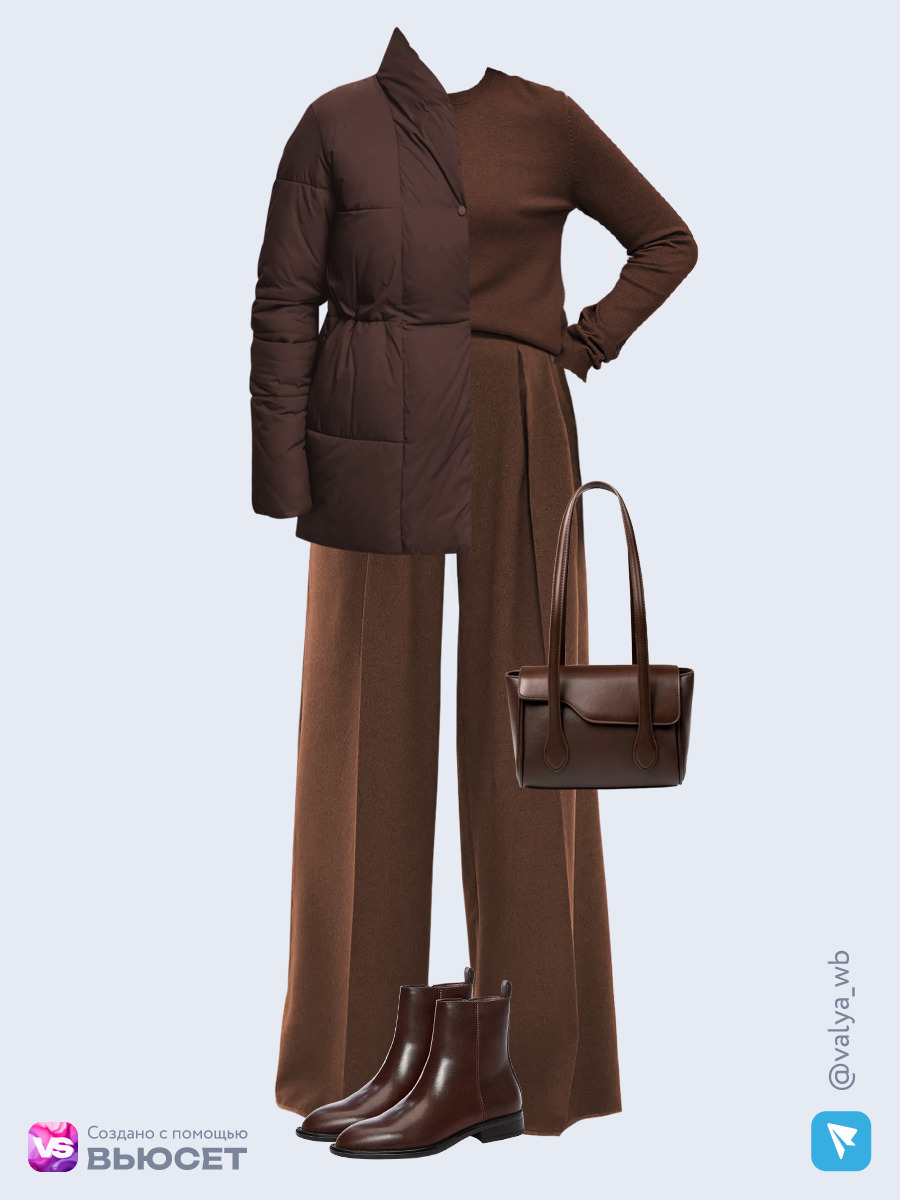 Образ с Вайлдберриз с артикулами (куртка, джемпер, брюки, сумка, ботинки)