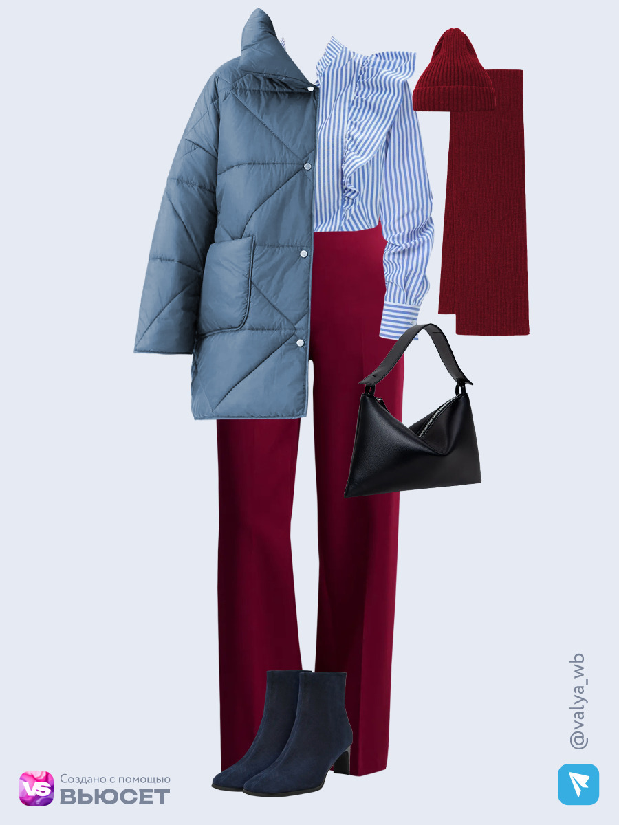 Образ с Вайлдберриз с артикулами (куртка, блуза, брюки, сумка, ботильоны, шапка, шарф)