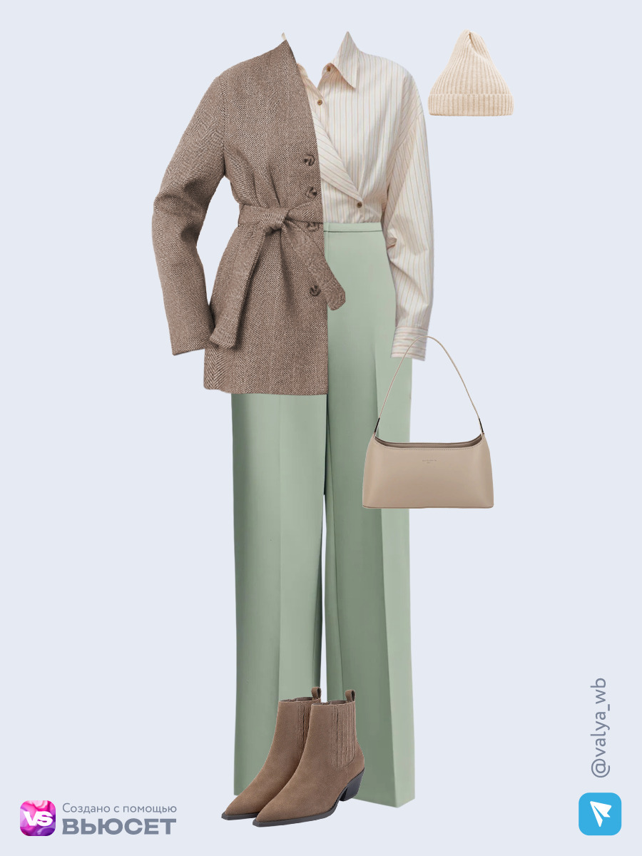 Образ с Вайлдберриз с артикулами (пальто, рубашка, брюки, сумка, ботильоны, шапка)