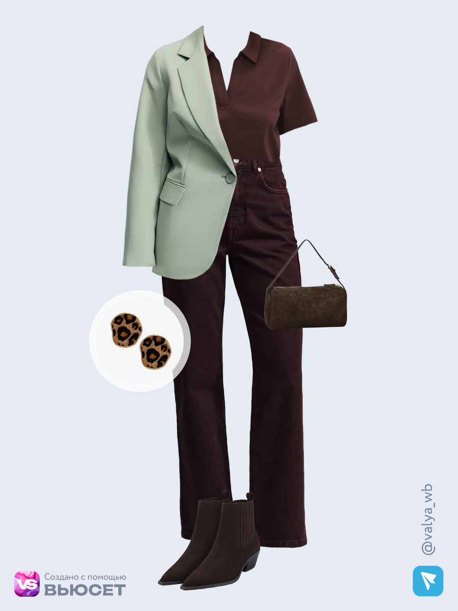 Образ с Вайлдберриз с артикулами (жакет, футболка, джинсы, сумка, ботильоны, серьги)