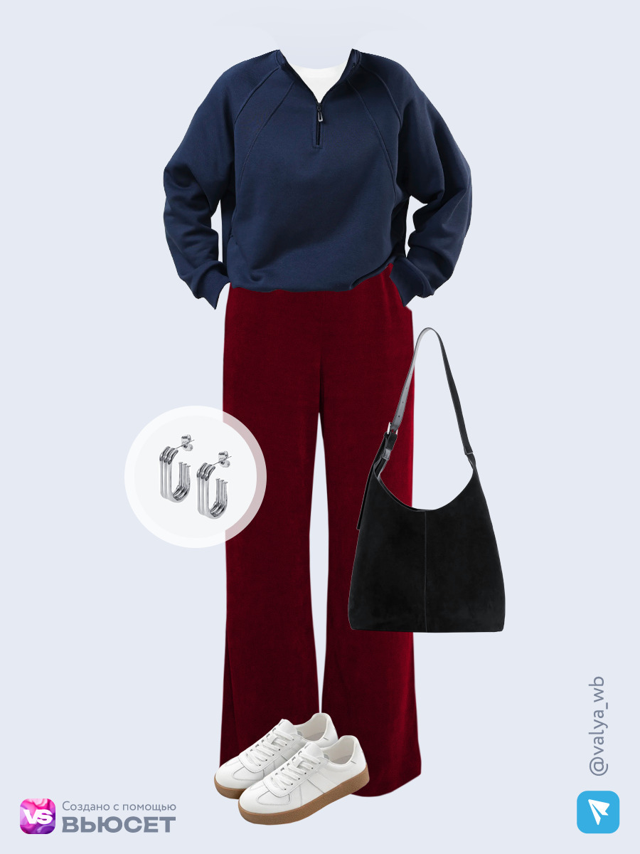 Образ с Вайлдберриз с артикулами (свитшот, футболка, брюки, сумка, кеды, серьги)