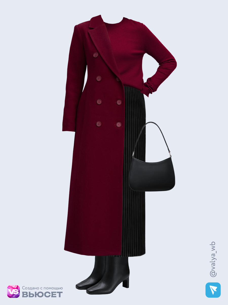 Образ с Вайлдберриз с артикулами (пальто, джемпер, юбка, сумка, сапоги)