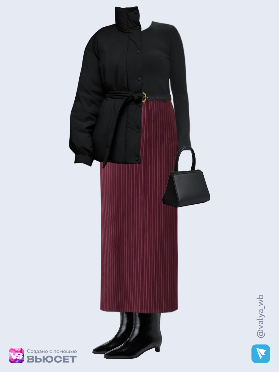 Образ с Вайлдберриз с артикулами (куртка, джемпер, юбка, сумка, ботильоны, ремень)