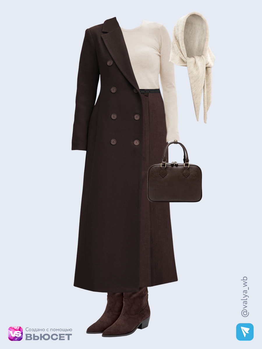 Образ с Вайлдберриз с артикулами (пальто, джемпер, юбка, сумка, сапоги, капор, ремень)