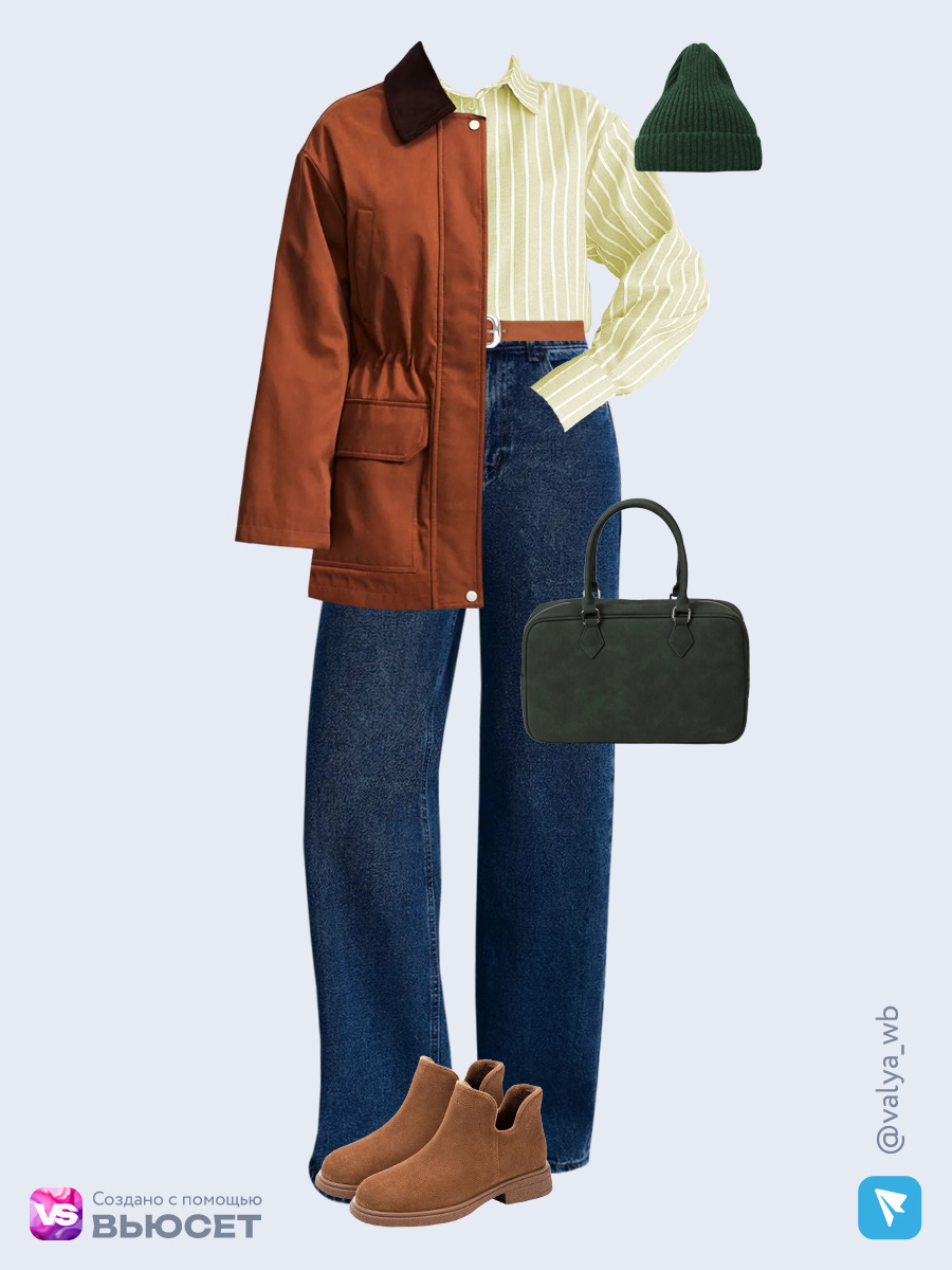 Образ с Вайлдберриз с артикулами (куртка, рубашка, джинсы, сумка, ботинки, шапка, ремень)