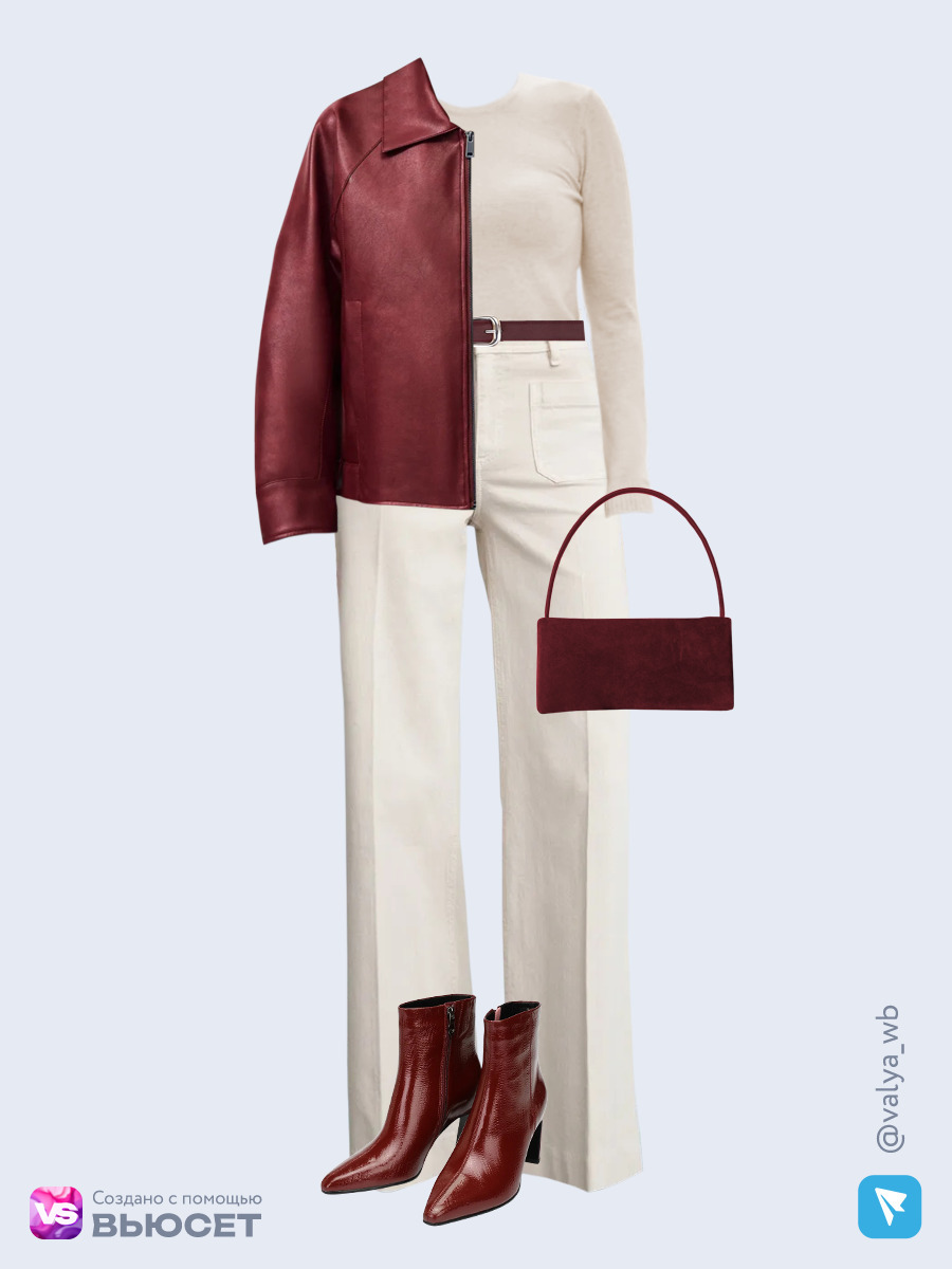 Образ с Вайлдберриз с артикулами (куртка, джемпер, джинсы, сумка, ботильоны, ремень)