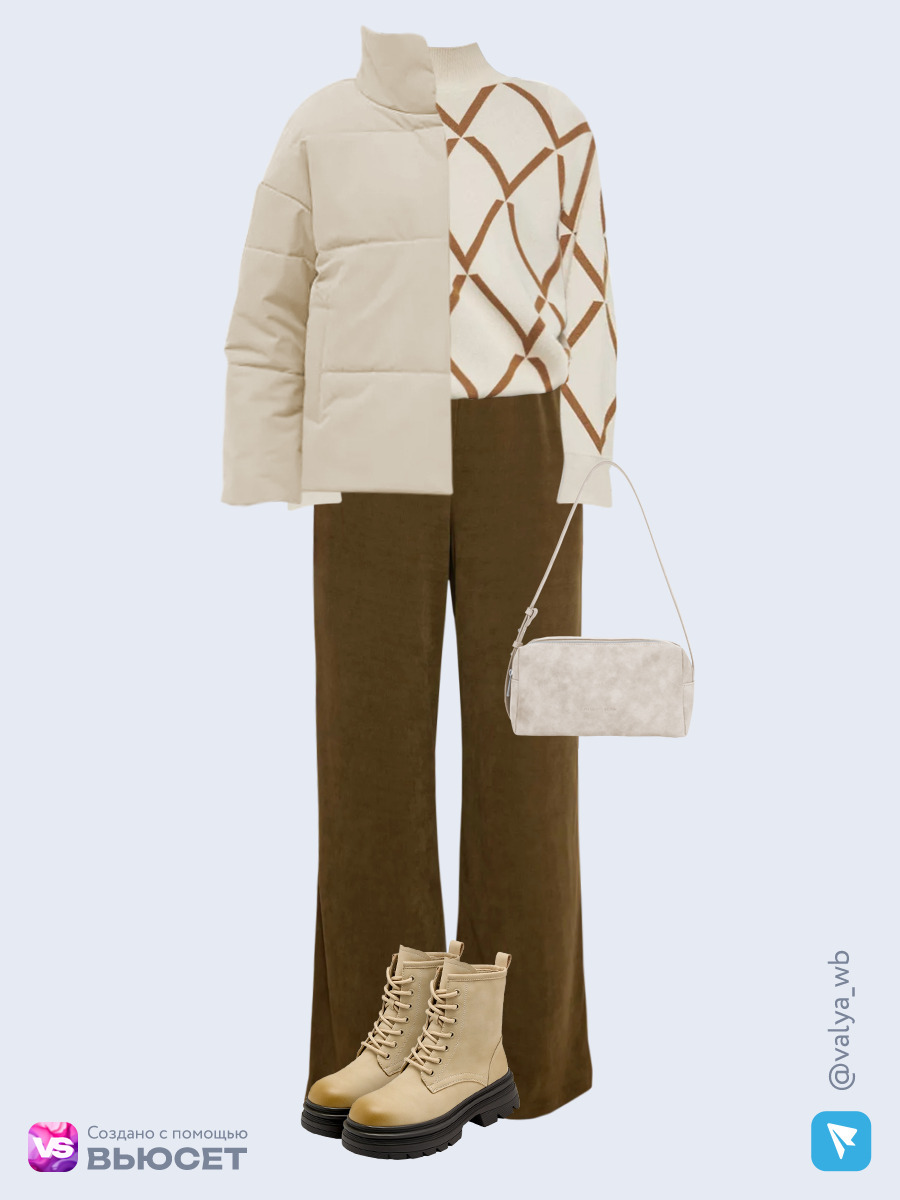 Образ с Вайлдберриз с артикулами (куртка, свитер, брюки, сумка, ботинки)