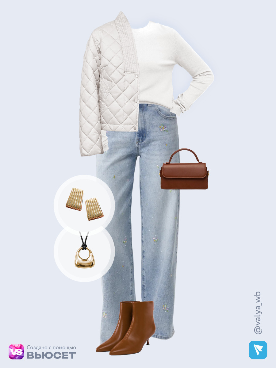 Образ с Вайлдберриз с артикулами (куртка, джемпер, джинсы, сумка, ботильоны, подвеска, серьги)