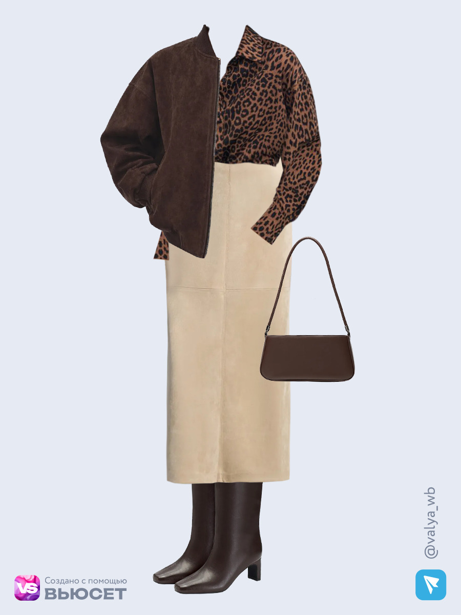 Образ с Вайлдберриз с артикулами (бомбер, рубашка, юбка, сумка, сапоги)