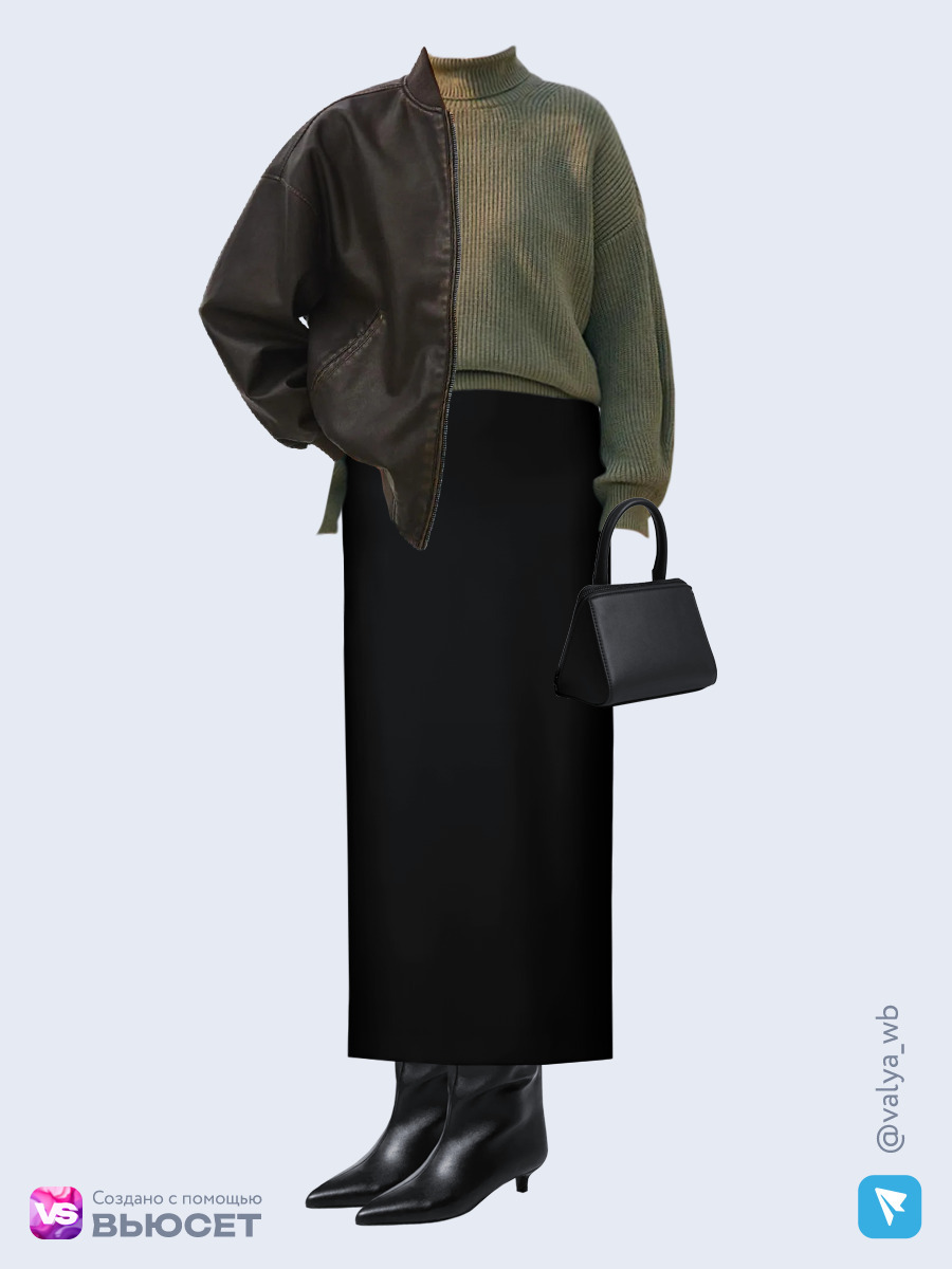 Образ с Вайлдберриз с артикулами (бомбер, свитер, юбка, сумка, сапоги)