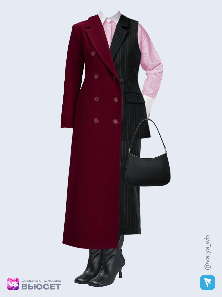 Образ с Вайлдберриз с артикулами (пальто, жилет, рубашка, юбка, сумка, сапоги)