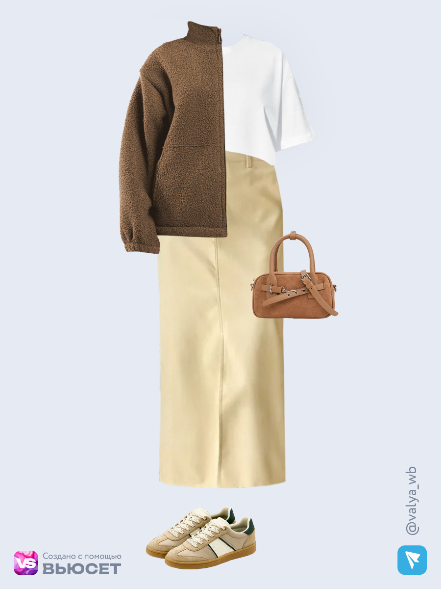 Образ с Вайлдберриз с артикулами (толстовка, футболка, юбка, сумка, кеды)