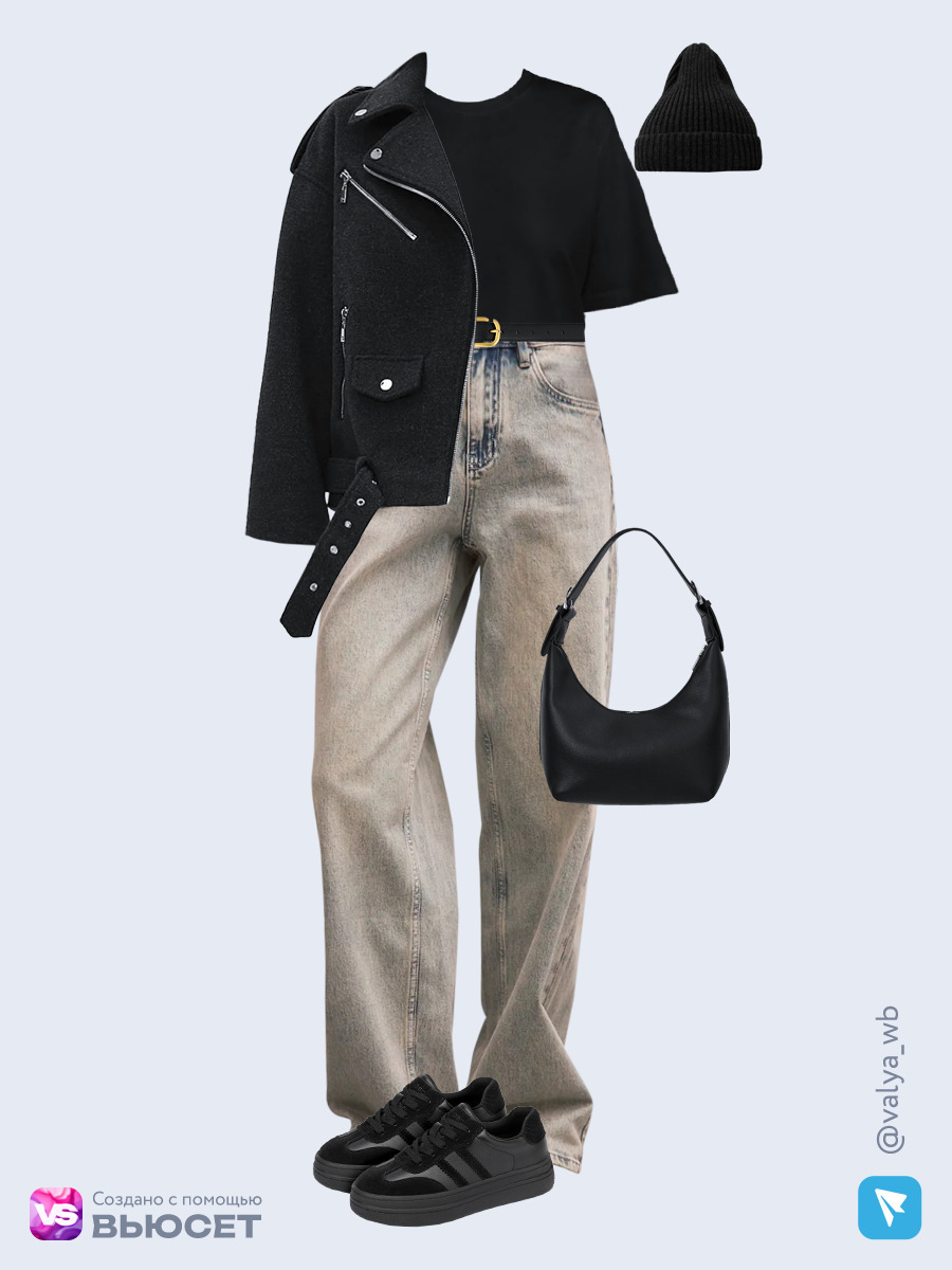 Образ с Вайлдберриз с артикулами (куртка, футболка, джинсы, сумка, кеды, шапка, ремень)