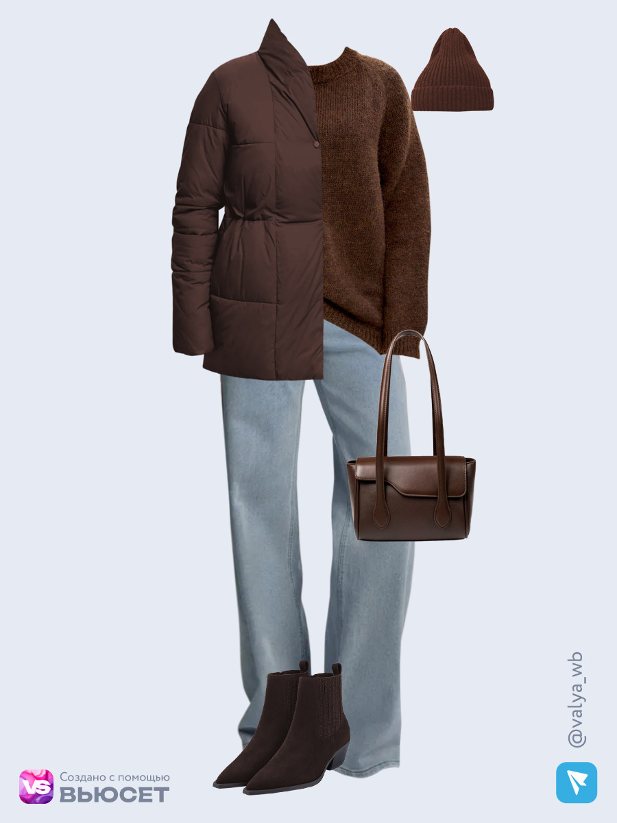 Образ с Вайлдберриз с артикулами (куртка, свитер, джинсы, сумка, ботильоны, шапка)