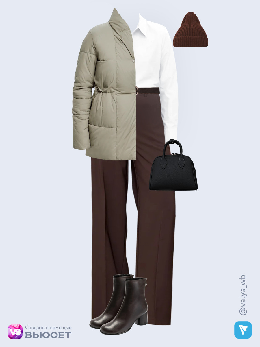 Образ с Вайлдберриз с артикулами (куртка, рубашка, брюки, сумка, ботильоны, шапка, ремень)