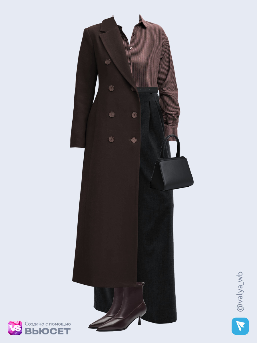 Образ с Вайлдберриз с артикулами (пальто, рубашка, брюки, сумка, ботильоны, ремень)