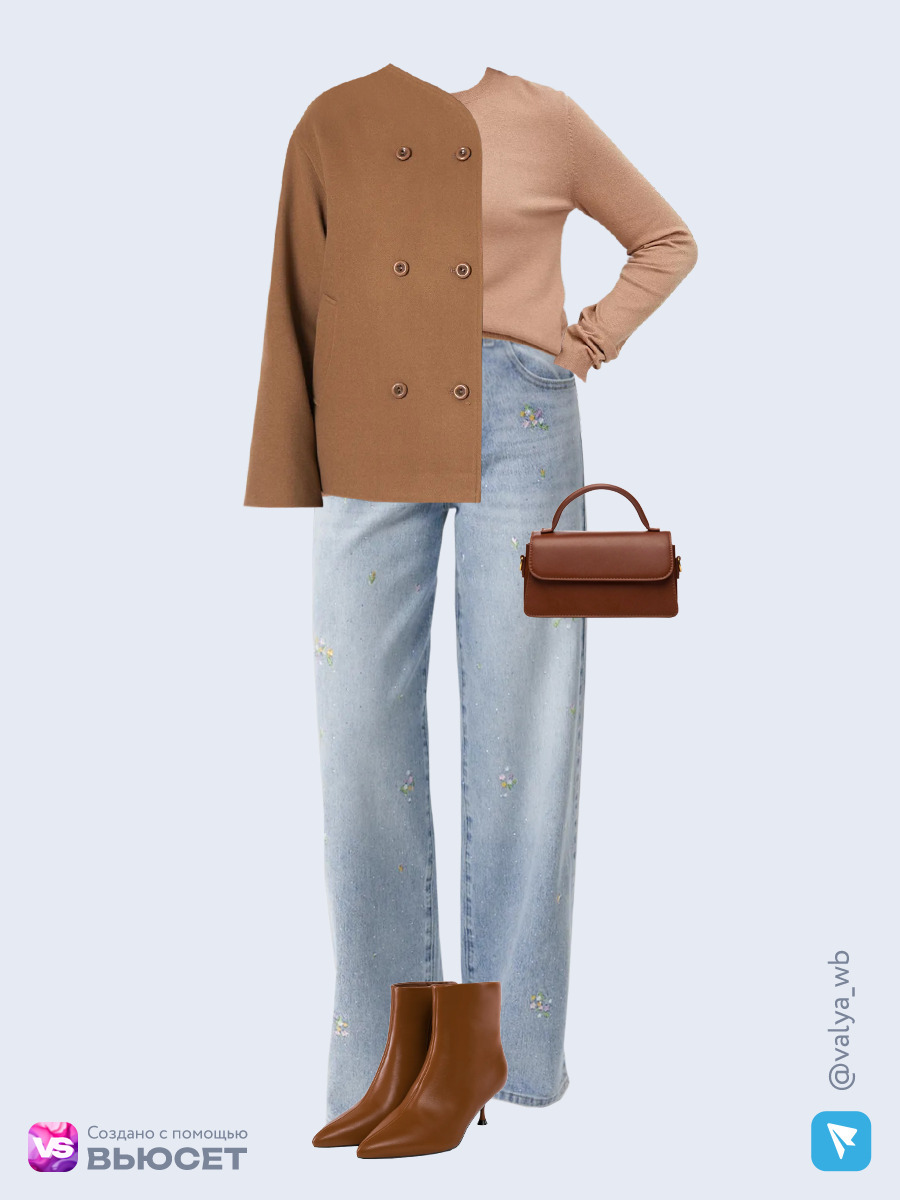 Образ с Вайлдберриз с артикулами (пальто, джемпер, джинсы, сумка, ботильоны)