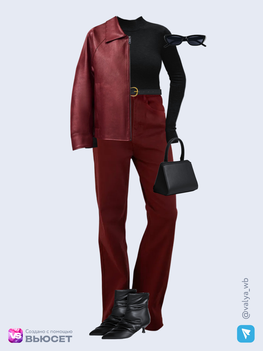 Образ с Вайлдберриз с артикулами (куртка, водолазка, джинсы, сумка, ботильоны, очки, ремень)