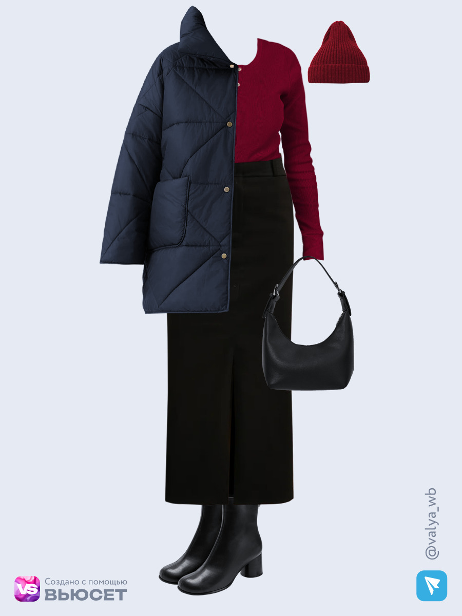 Образ с Вайлдберриз с артикулами (куртка, лонгслив, юбка, сумка, ботильоны, шапка)