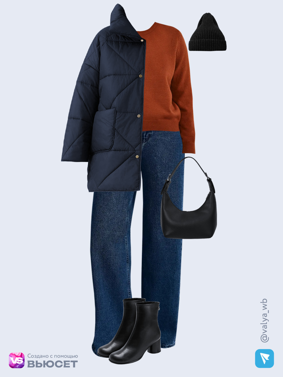 Образ с Вайлдберриз с артикулами (куртка, джемпер, джинсы, сумка, ботильоны, шапка)