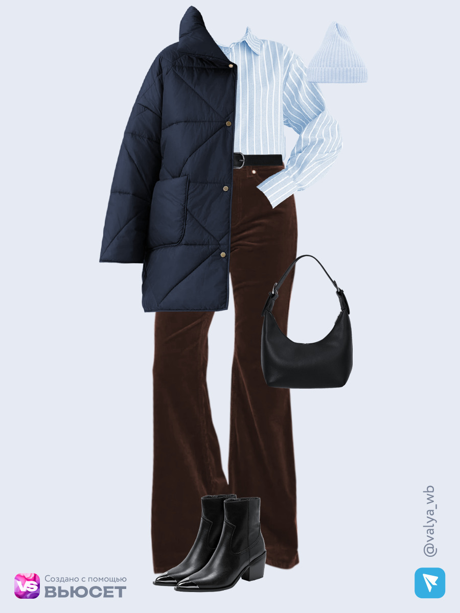 Образ с Вайлдберриз с артикулами (куртка, рубашка, брюки, сумка, ботильоны, шапка, ремень)