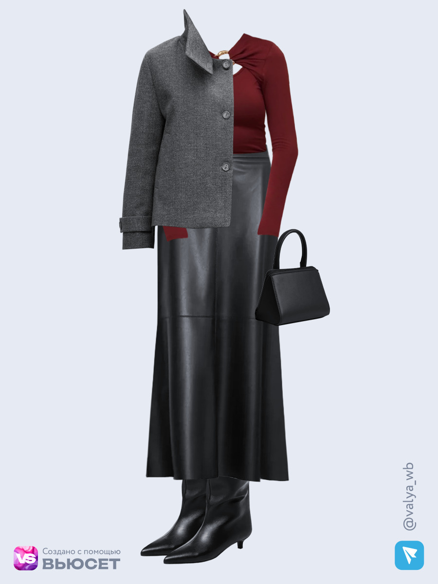 Образ с Вайлдберриз с артикулами (пальто, лонгслив, юбка, сумка, сапоги)