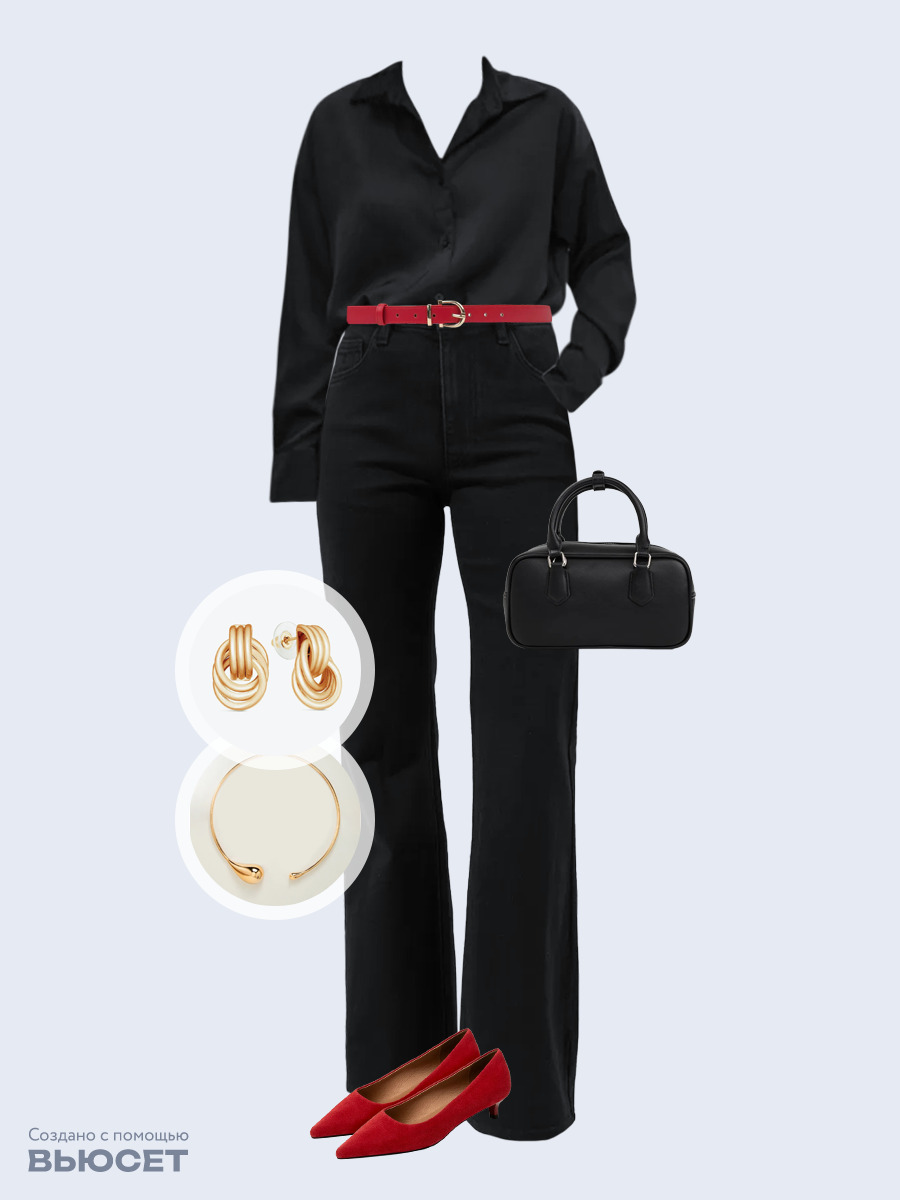 Образ с Вайлдберриз с артикулами (рубашка, джинсы, сумка, туфли, колье, ремень, серьги)