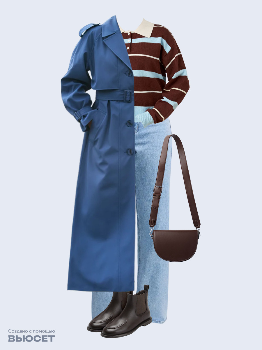 Образ с Вайлдберриз с артикулами (плащ, джемпер, джинсы, сумка, ботинки)