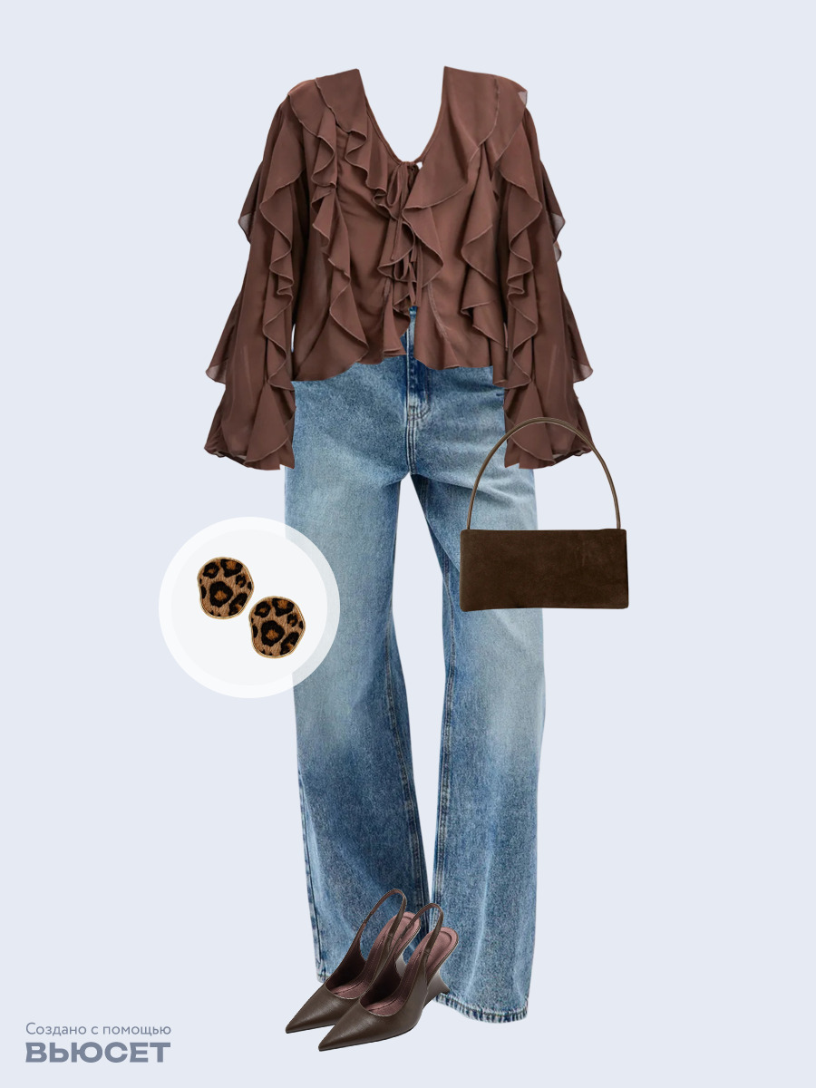 Образ с Вайлдберриз с артикулами (блуза, джинсы, сумка, туфли, серьги)