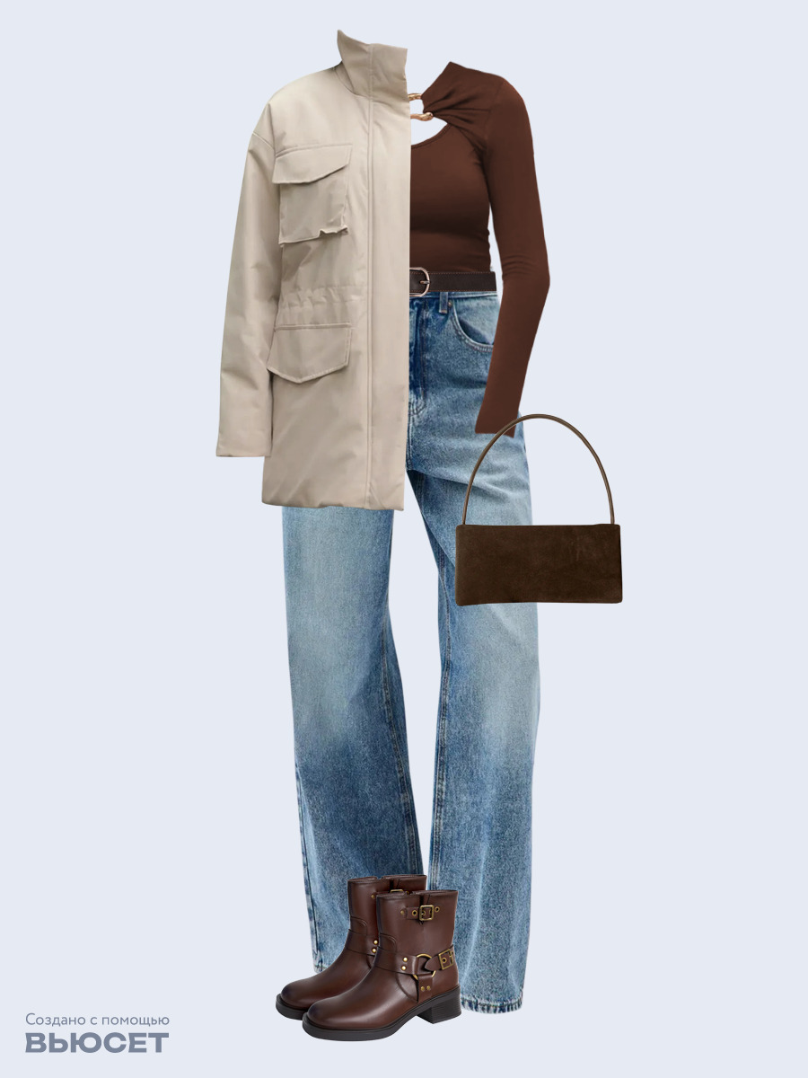 Образ с Вайлдберриз с артикулами (куртка, лонгслив, джинсы, сумка, ботинки, ремень)