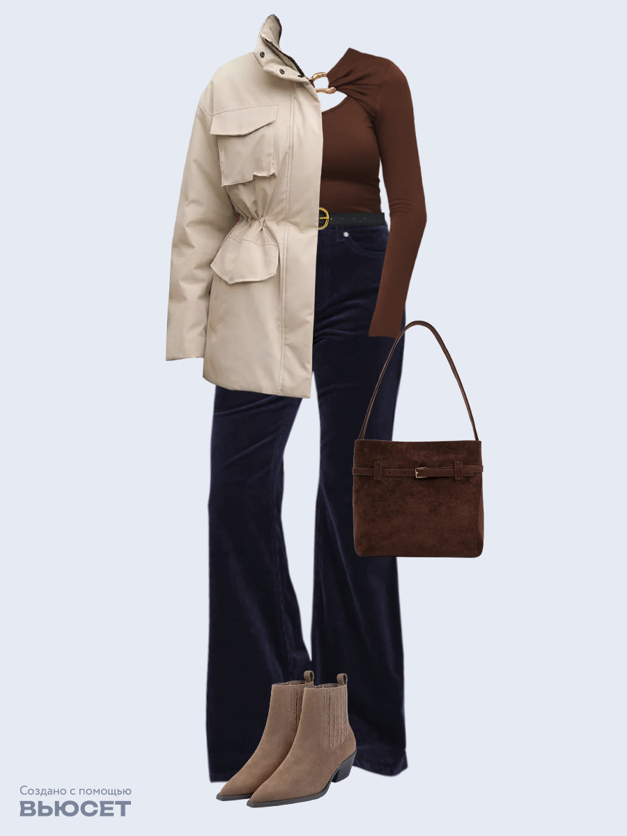 Образ с Вайлдберриз с артикулами (куртка, лонгслив, брюки, сумка, ботильоны, ремень)