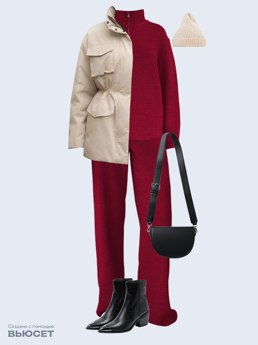 Образ с Вайлдберриз с артикулами (куртка, костюм, сумка, ботильоны, шапка)