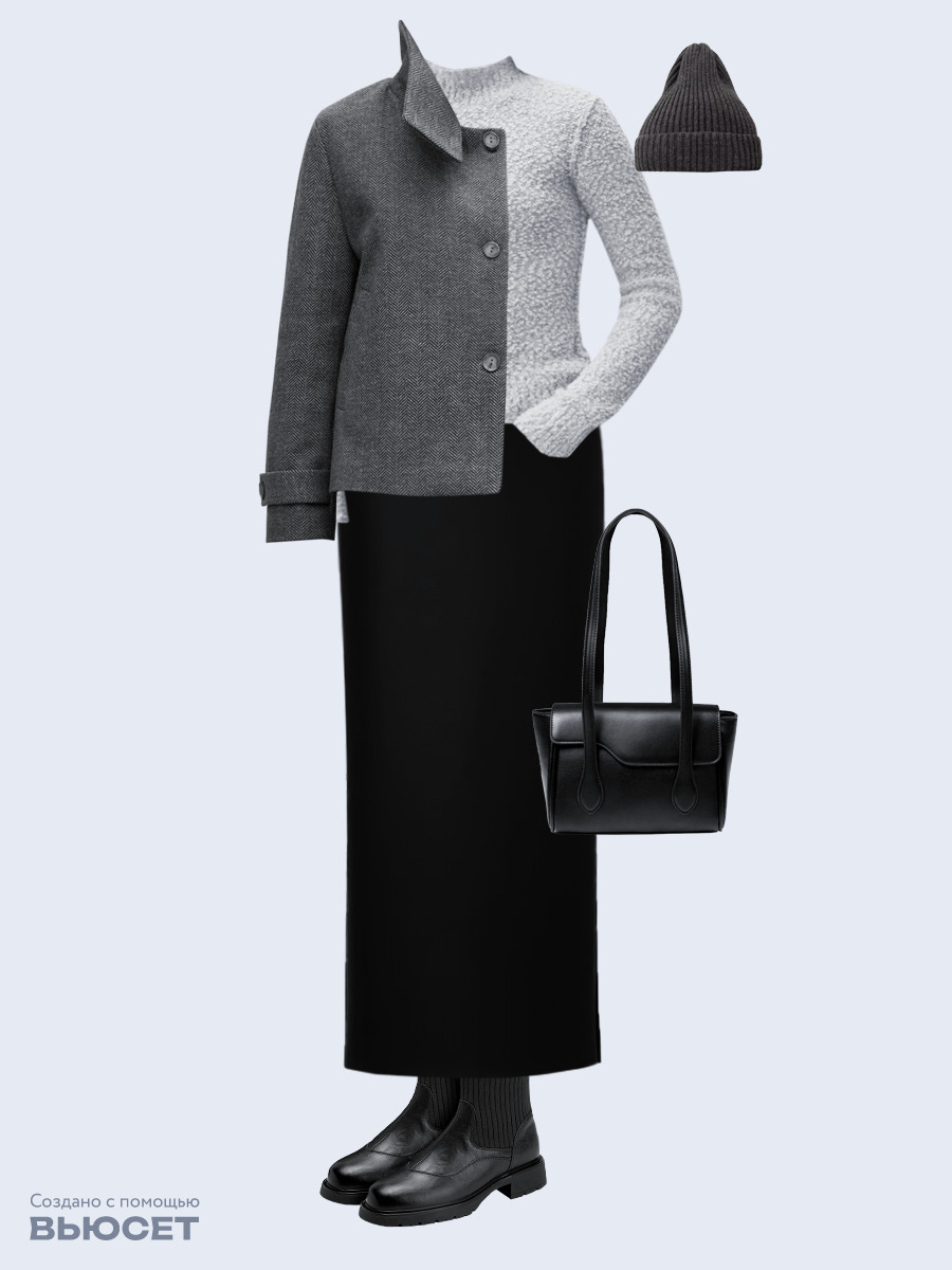 Образ с Вайлдберриз с артикулами (пальто, джемпер, юбка, сумка, ботинки, шапка)