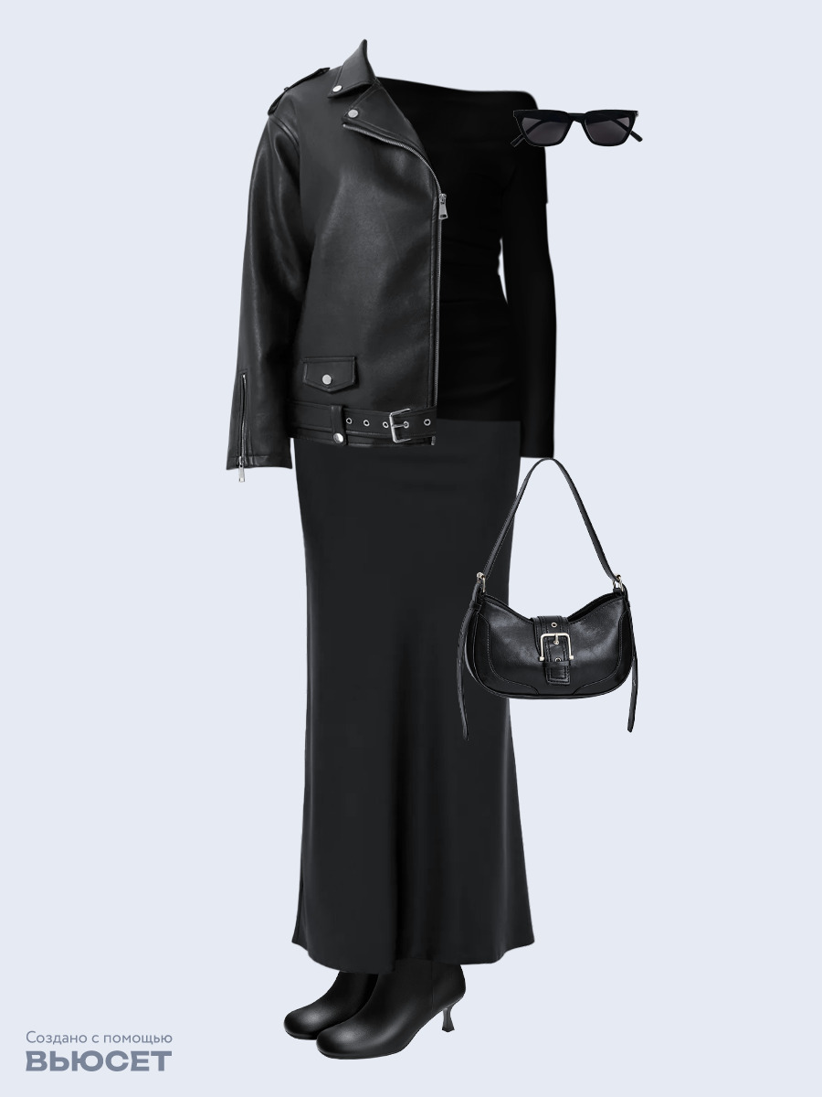 Образ с Вайлдберриз с артикулами (куртка, лонгслив, юбка, сумка, ботильоны, очки)