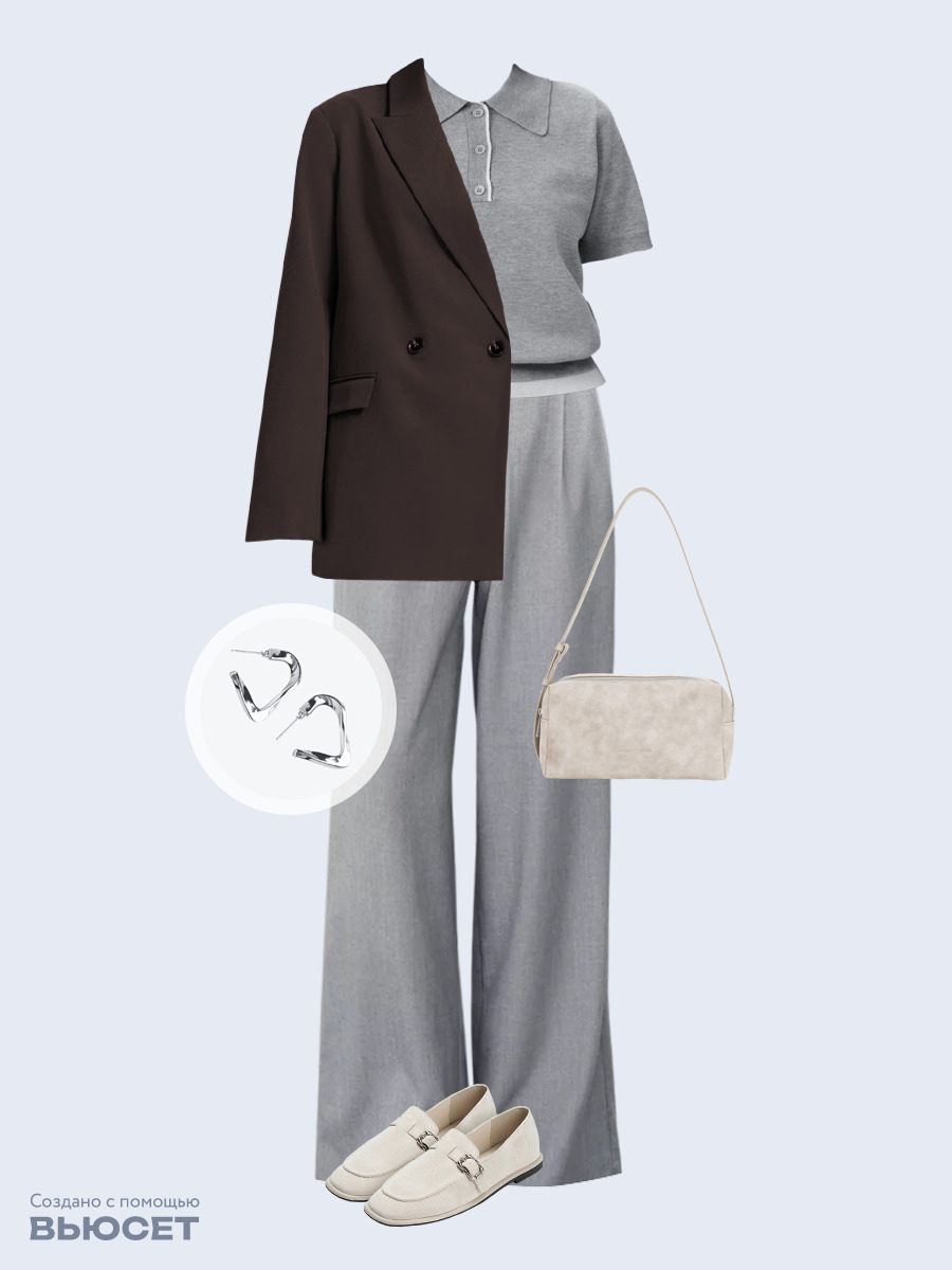 Образ с Вайлдберриз с артикулами (пиджак, джемпер, брюки, сумка, лоферы, серьги)