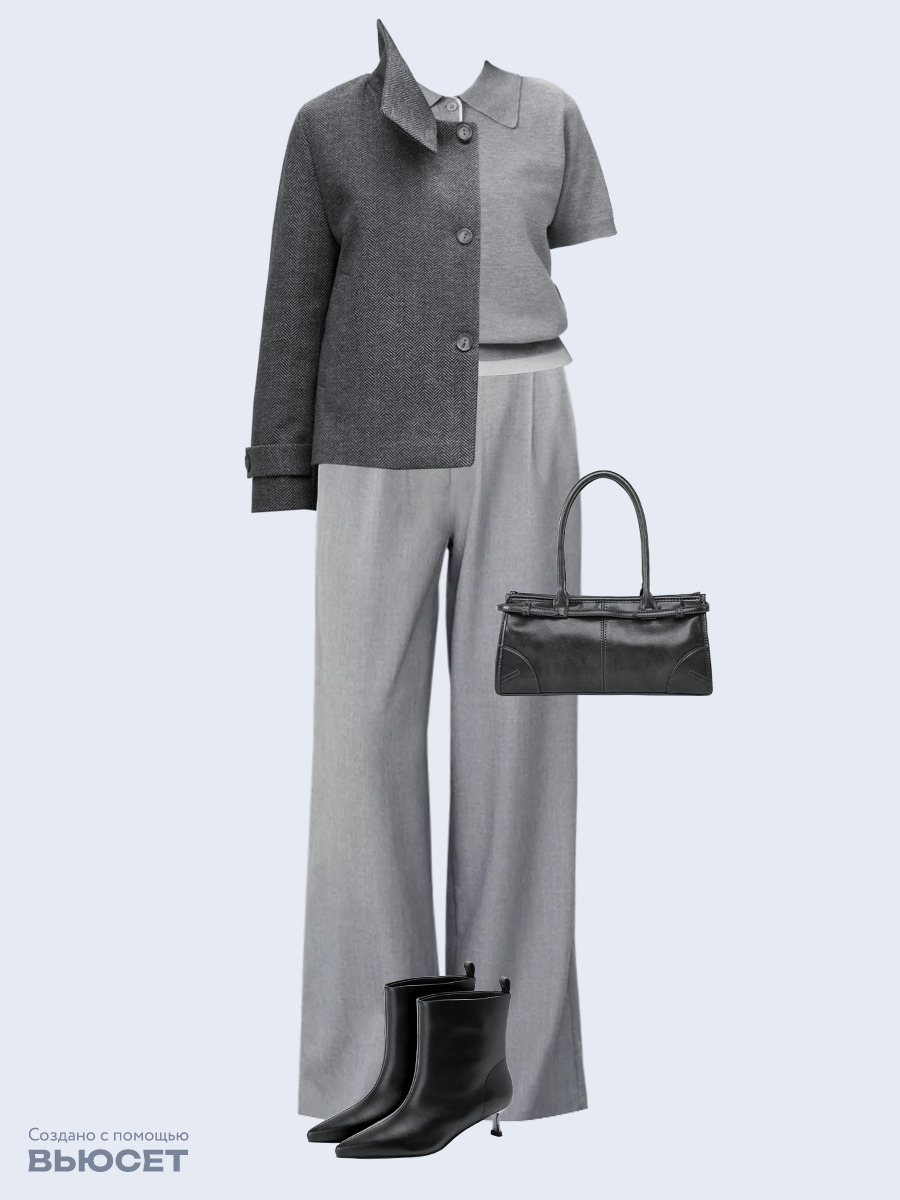 Образ с Вайлдберриз с артикулами (пальто, джемпер, брюки, сумка, ботильоны)