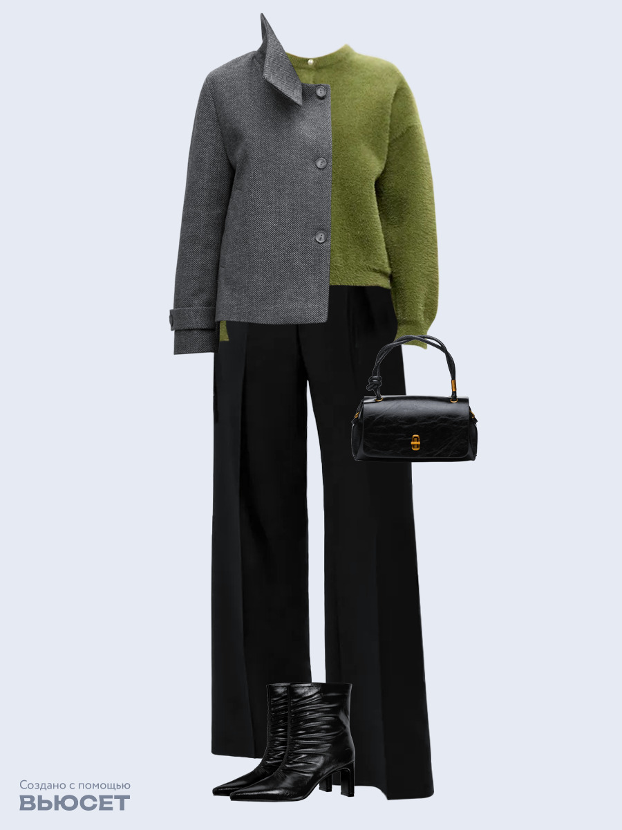 Образ с Вайлдберриз с артикулами (пальто, кардиган, брюки, сумка, ботильоны)