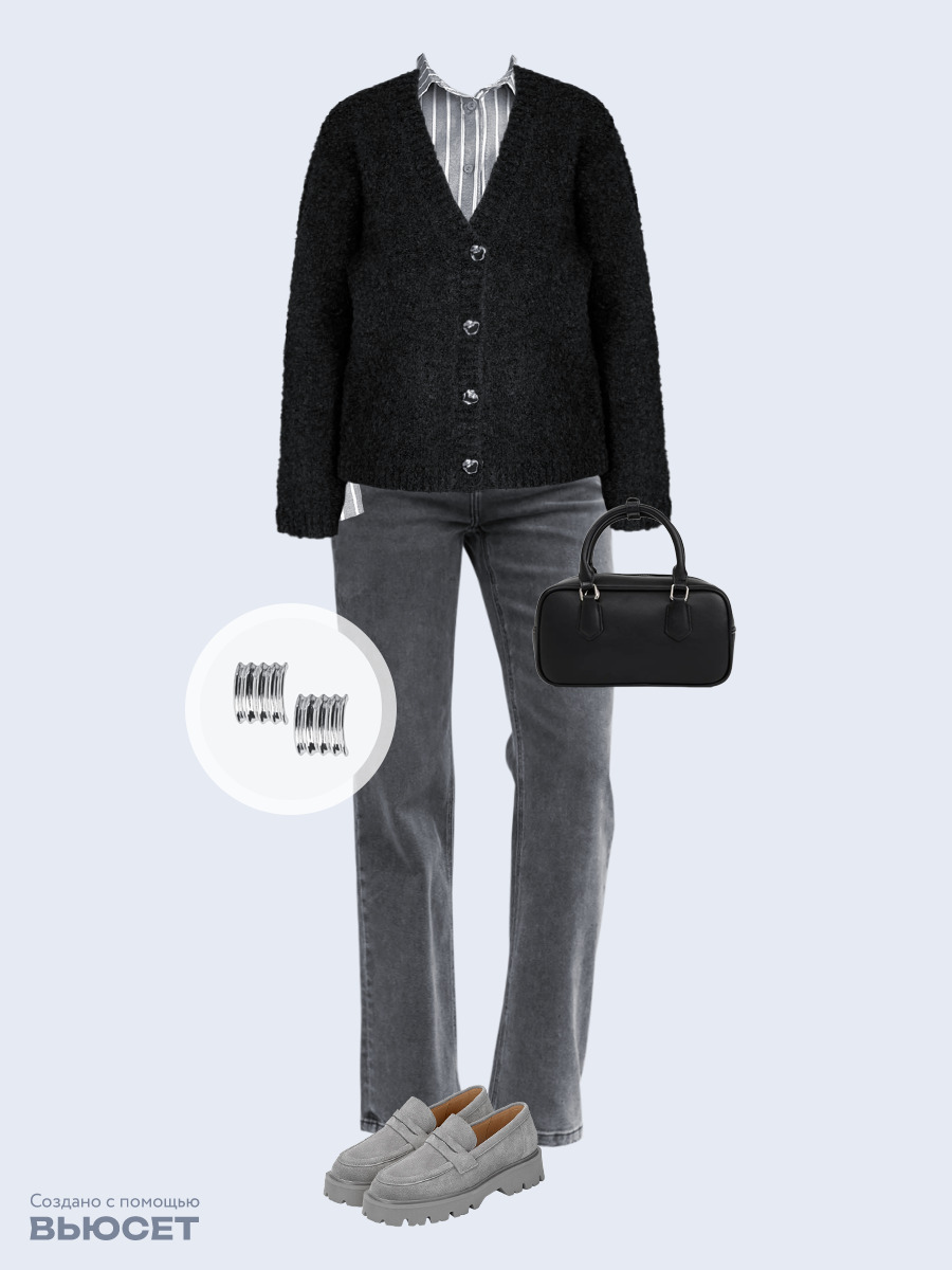 Образ с Вайлдберриз с артикулами (кардиган, рубашка, джинсы, сумка, лоферы, серьги)