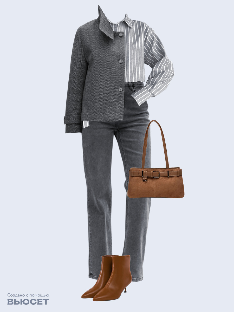 Образ с Вайлдберриз с артикулами (пальто, рубашка, джинсы, сумка, ботильоны)