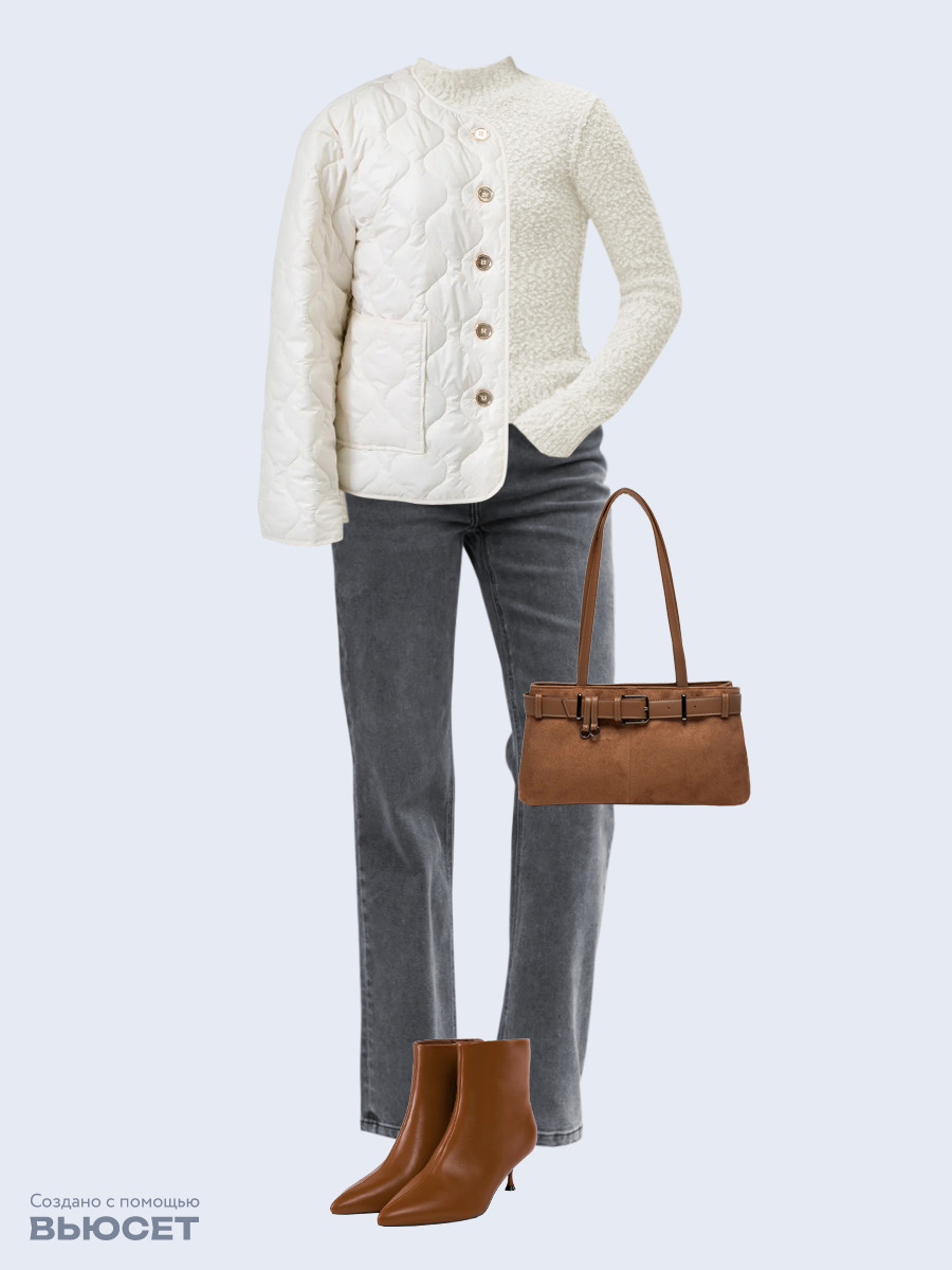 Образ с Вайлдберриз с артикулами (куртка, джемпер, джинсы, сумка, ботильоны)