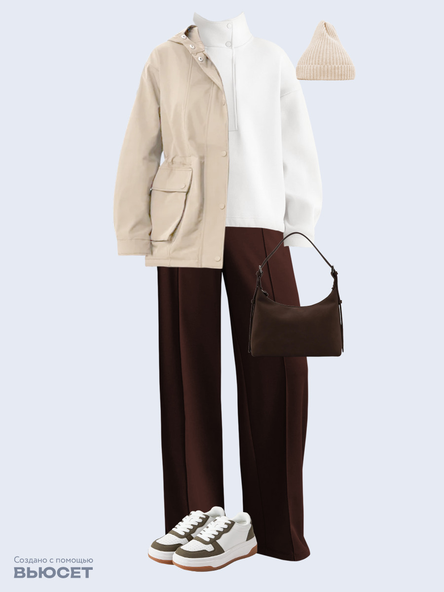 Образ с Вайлдберриз с артикулами (парка, свитшот, брюки, сумка, кеды, шапка)