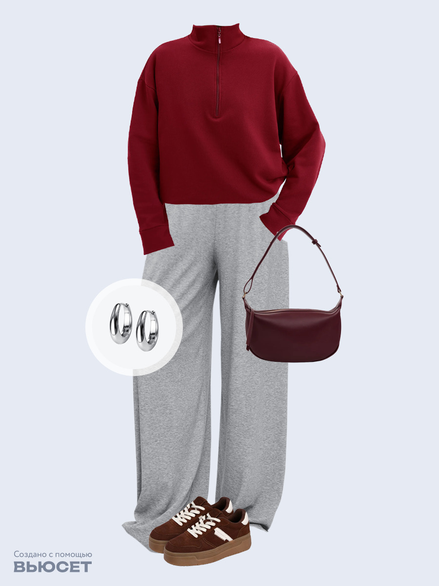 Образ с Вайлдберриз с артикулами (свитшот, брюки, сумка, кеды, серьги)