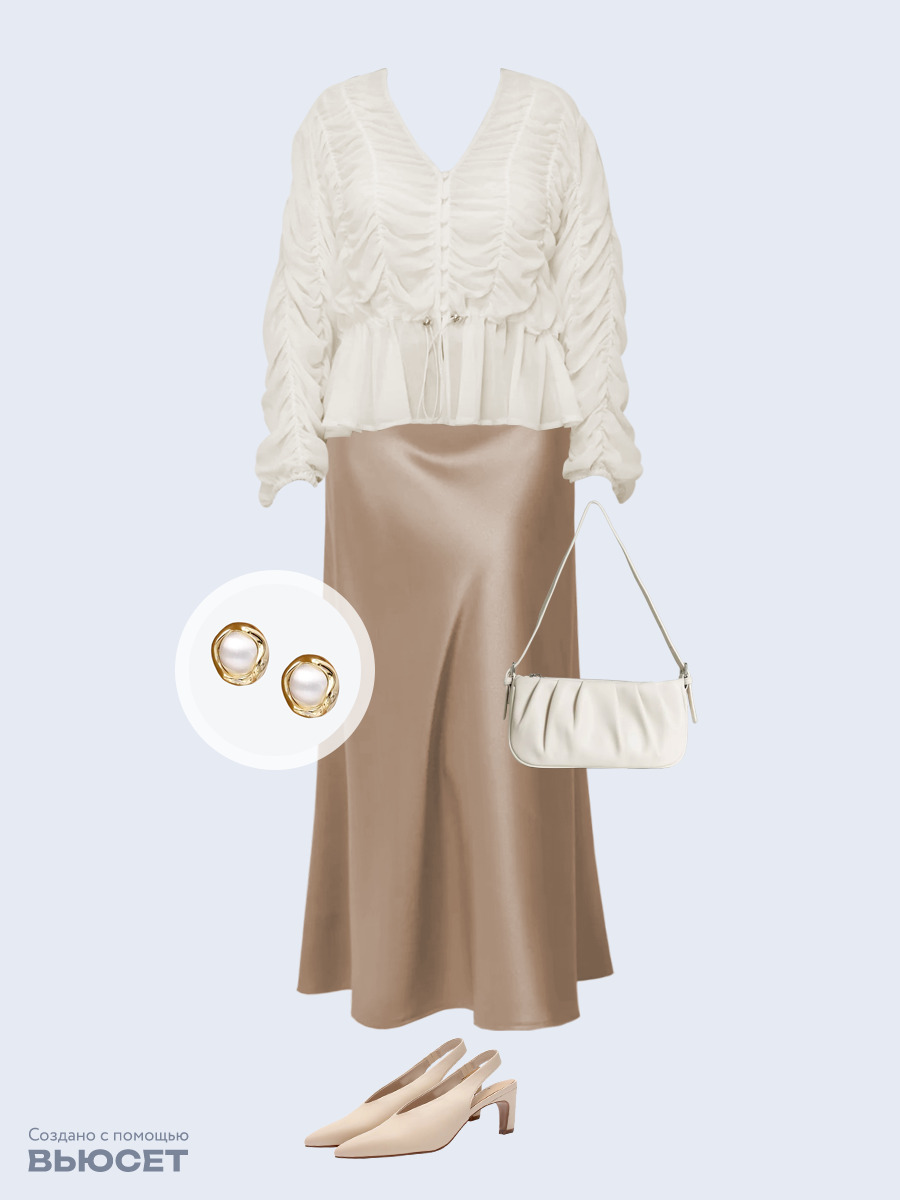 Образ с Вайлдберриз с артикулами (блуза, юбка, сумка, туфли, серьги)