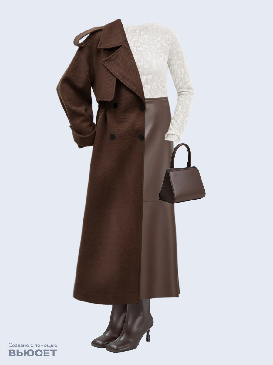 Образ с Вайлдберриз с артикулами (пальто, лонгслив, юбка, сумка, сапоги)