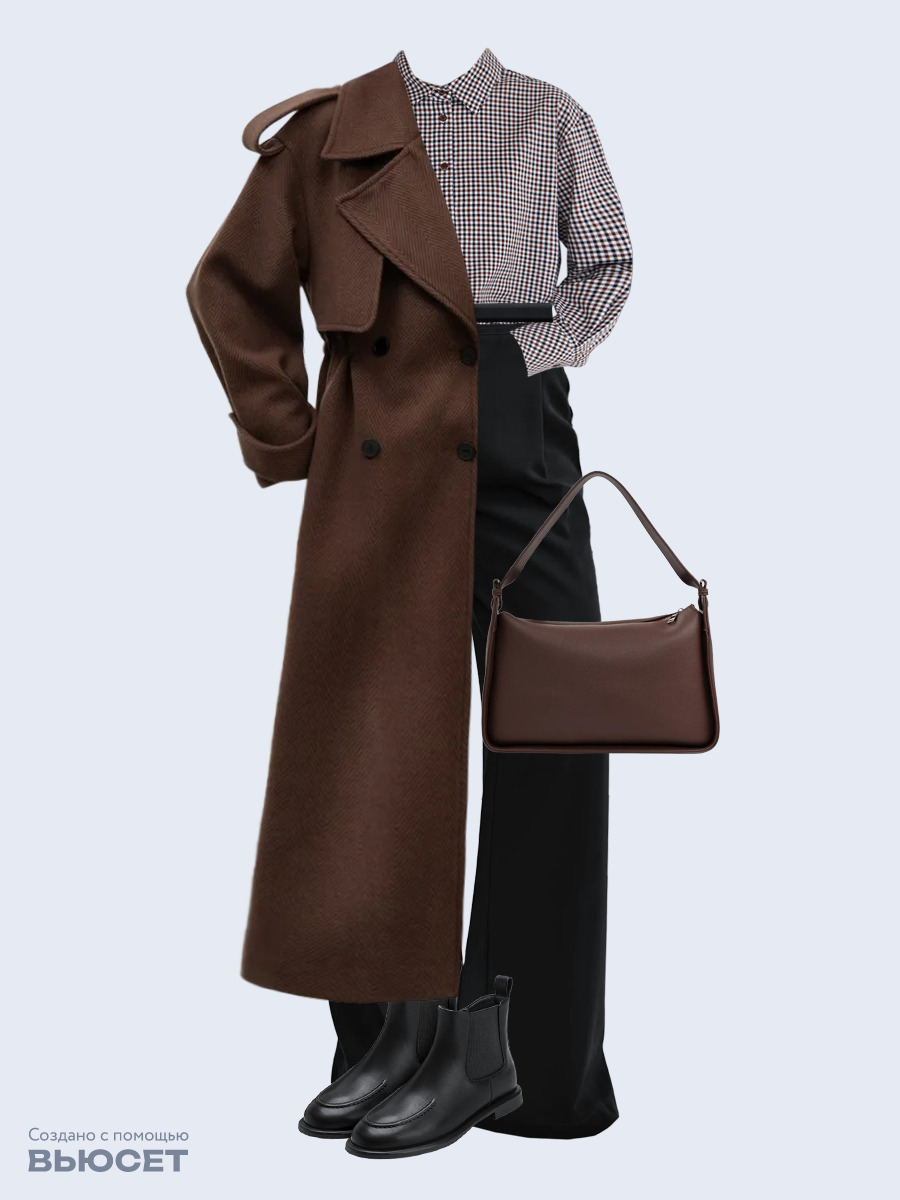 Образ с Вайлдберриз с артикулами (пальто, рубашка, брюки, сумка, ботинки, ремень)