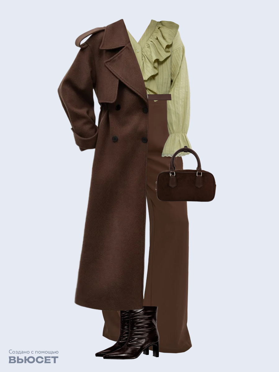 Образ с Вайлдберриз с артикулами (пальто, блуза, брюки, сумка, ботильоны, ремень)