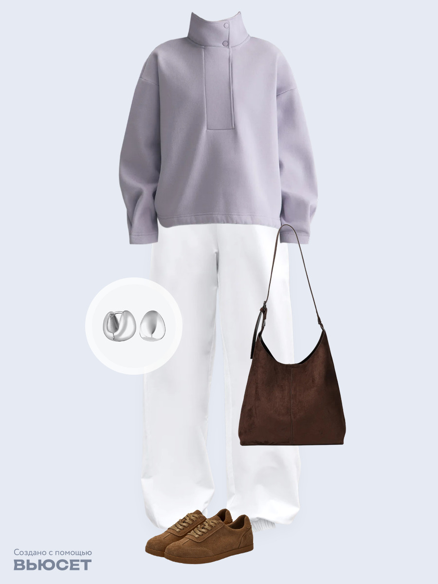 Образ с Вайлдберриз с артикулами (свитшот, брюки, сумка, кеды, серьги)