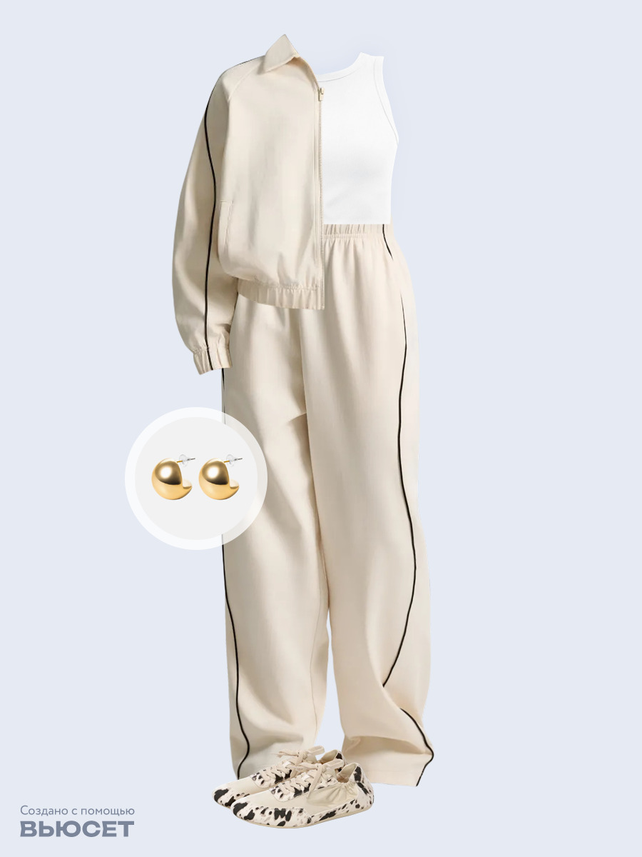 Образ с Вайлдберриз с артикулами (толстовка, майка, брюки, кеды, серьги)